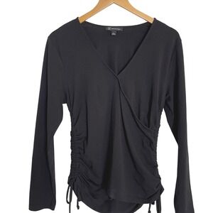 INC International Concepts Black Long Sleeve Wrap V-Neck Top Ruched Drawstring